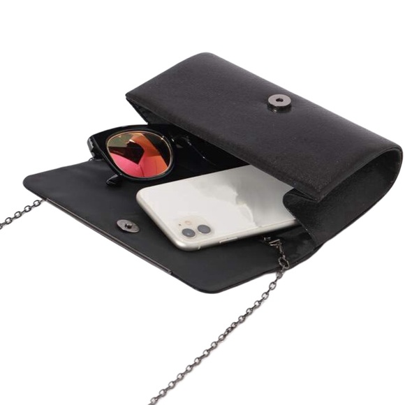 Clutch Evening Bag Black Gunmetal Chain Wallet Shoulder Crossbody - Picture 6 of 9